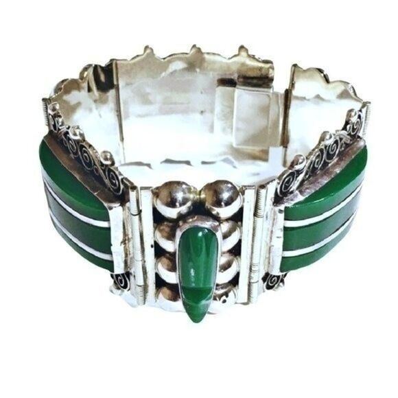Vintage Sterling Mexico Silver & Jade Bracelet - Picture 4 of 7